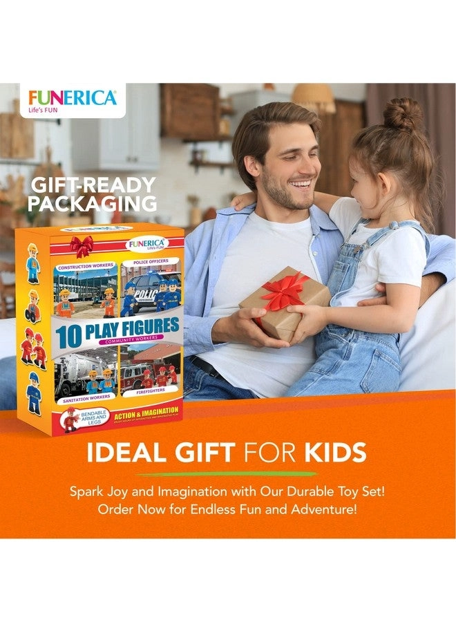 Toy People Figures - Bendable Fireman Police Construction Workers Community Helpers 10 pcs