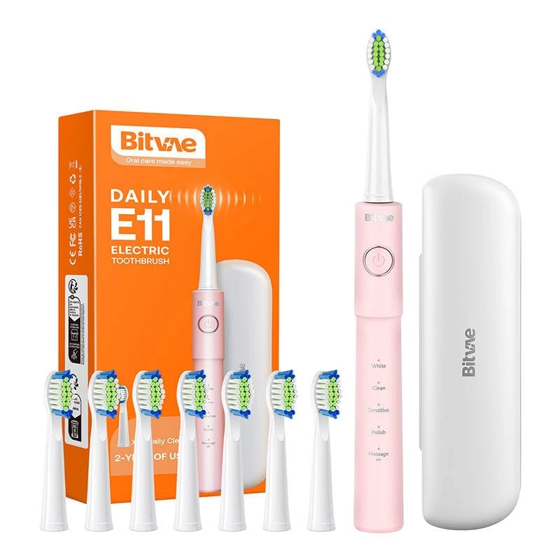 Bitvae E11 Sonic Electric Toothbrush - Pink 8 Replacement Brush Heads H4 Travel Case