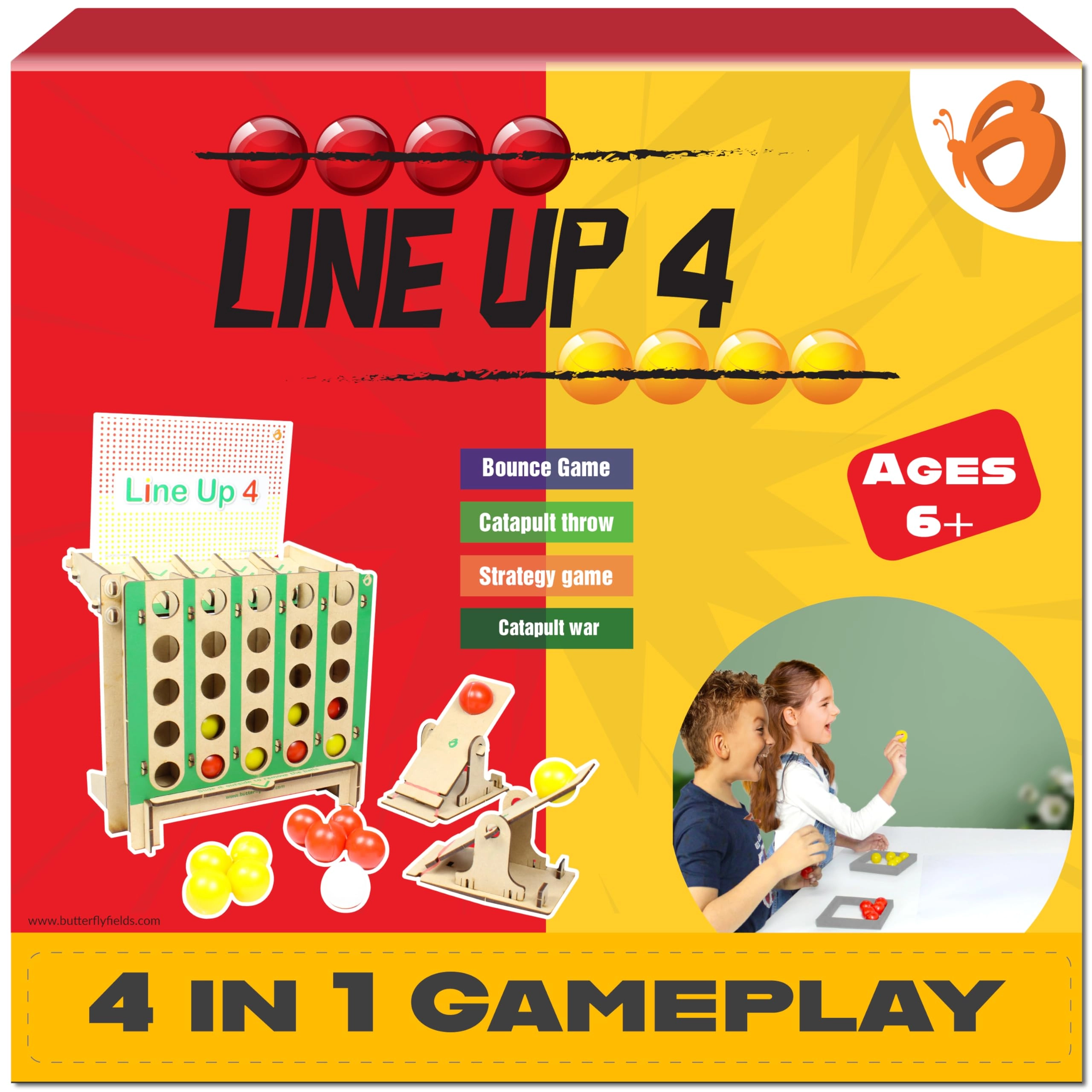 Butterfly EduFields Diy Lineup 4 In A Row - Bounce Balls Shots Game 2 Mini Catapult Shooters