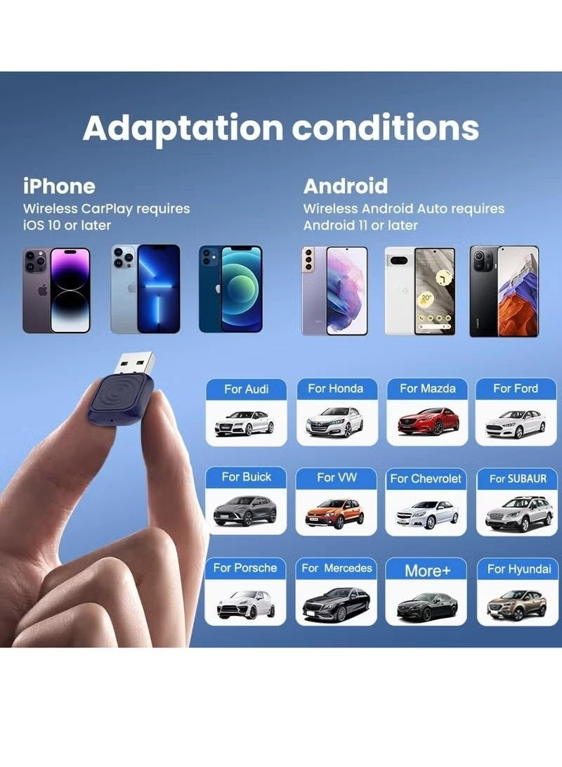 Wireless CarPlay & Android Auto Adapter - Plug & Play Compact iOS 10+ Android 11+