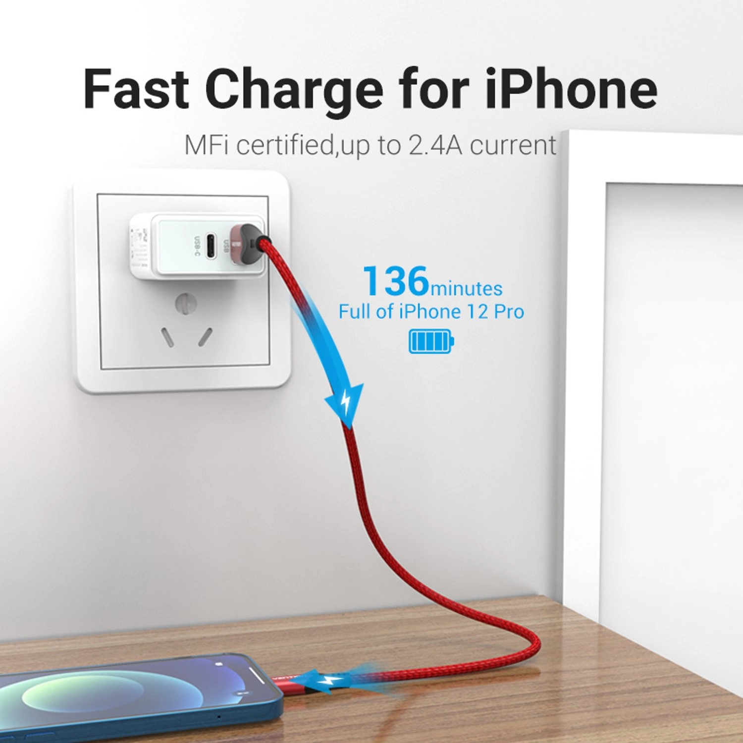 USB 2.0 A Male to Lightning Male Cable USB-A to Lightning 2m