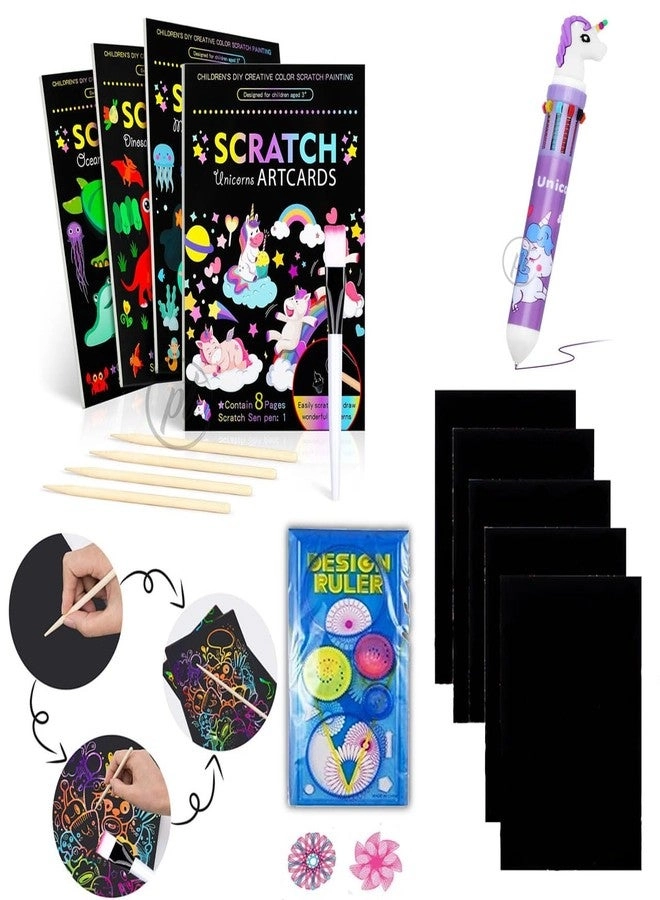 Unicorn Rainbow Scratch Paper Spiral Notebook - A5 Spiral + Wooden Scratchers + Unicorn 10 in 1 Multicolor Pen + Creative Ruler