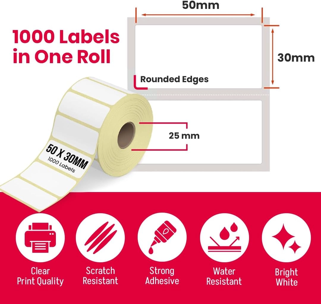 Barcode Label Stickers - 1000 Each 5cm x 3cm + Transfer Wax Ribbon