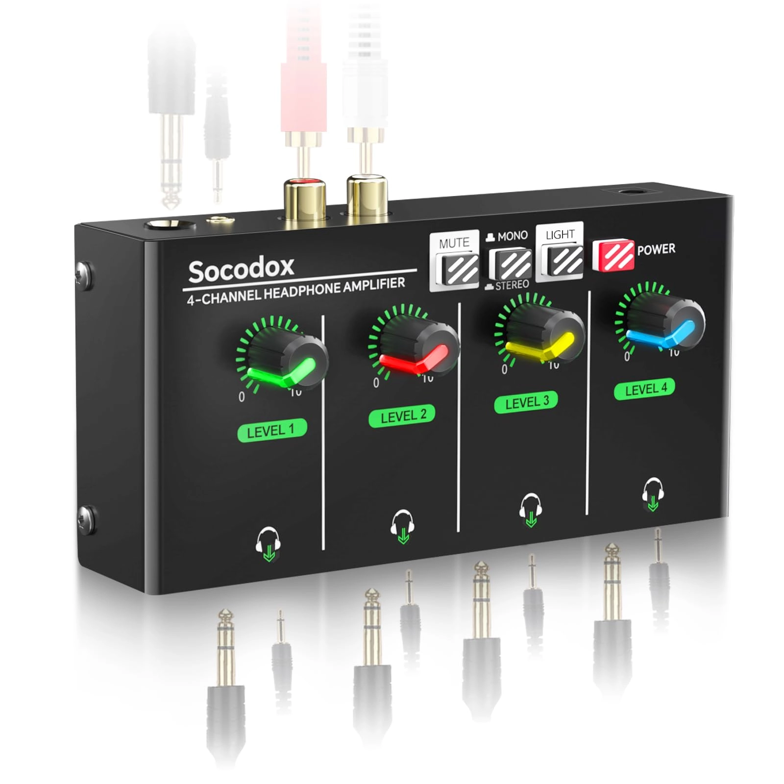 socodox 4 Channel Headphone Amplifier - 3.5mm/6.35mm/RCA Jacks 8 Headphone Output Port