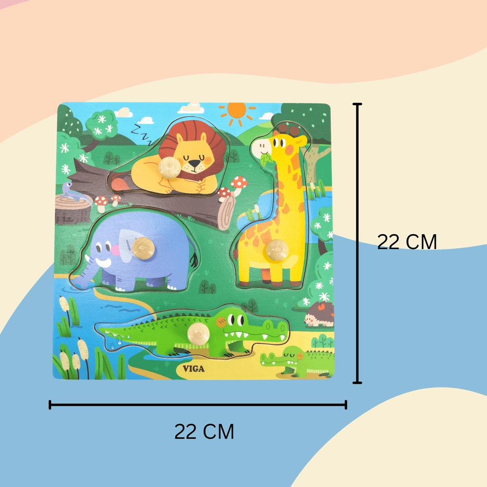 Wooden Knob Puzzle - Wild Animals - Suitable for 12 months and above 4 pieces