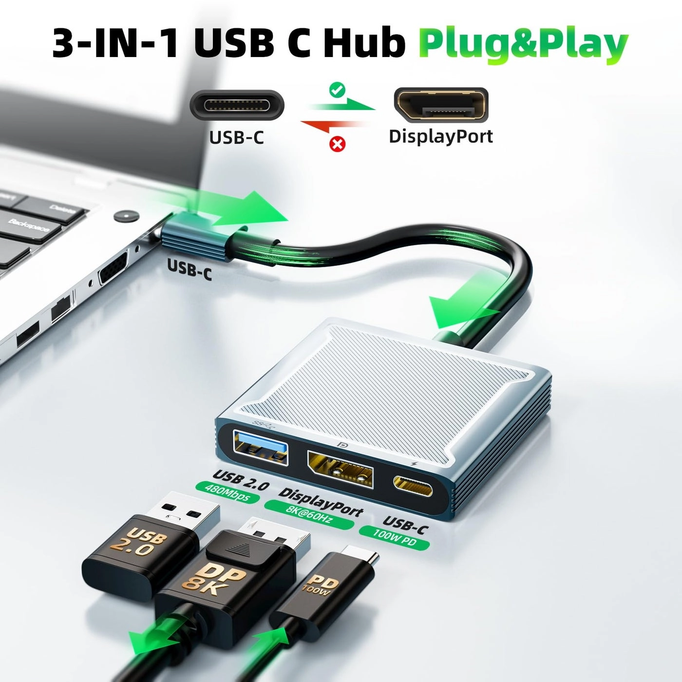 USB C to DisplayPort Multiport Adapter Dock - USB 2.0 8K 60Hz