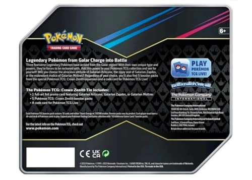 Crown Zenith Galarian Zapdos Tin - 5 Booster Packs Promo Card