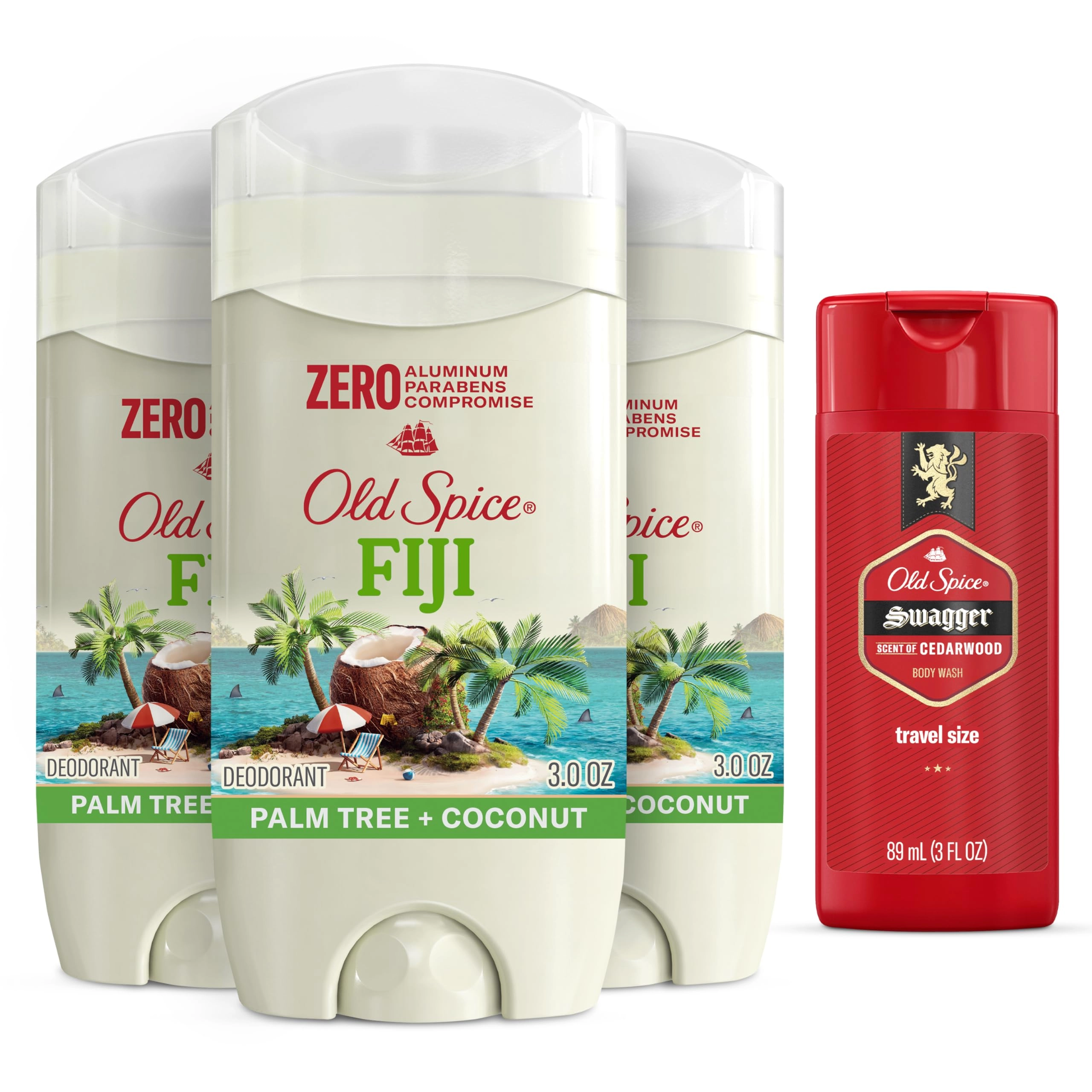 Procter & Gamble Aluminum Free Deodorant - Fiji with Palm Tree + Coconut 85 gram + Swagger Scent Body Wash - 3 oz