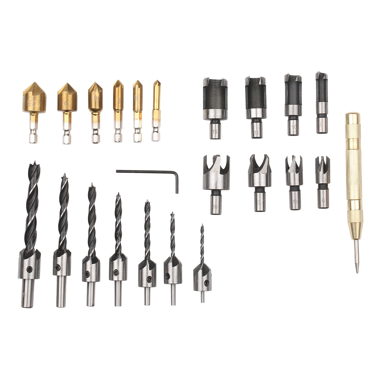 MTJM-E15307 Woodworking Chamfer Drilling Tool - 23-Pack + Wood Plug Cutter + 5-Flute Countersink Drill Bit + Three Pointed Countersink Drill Bit + Automatic Center Punch
