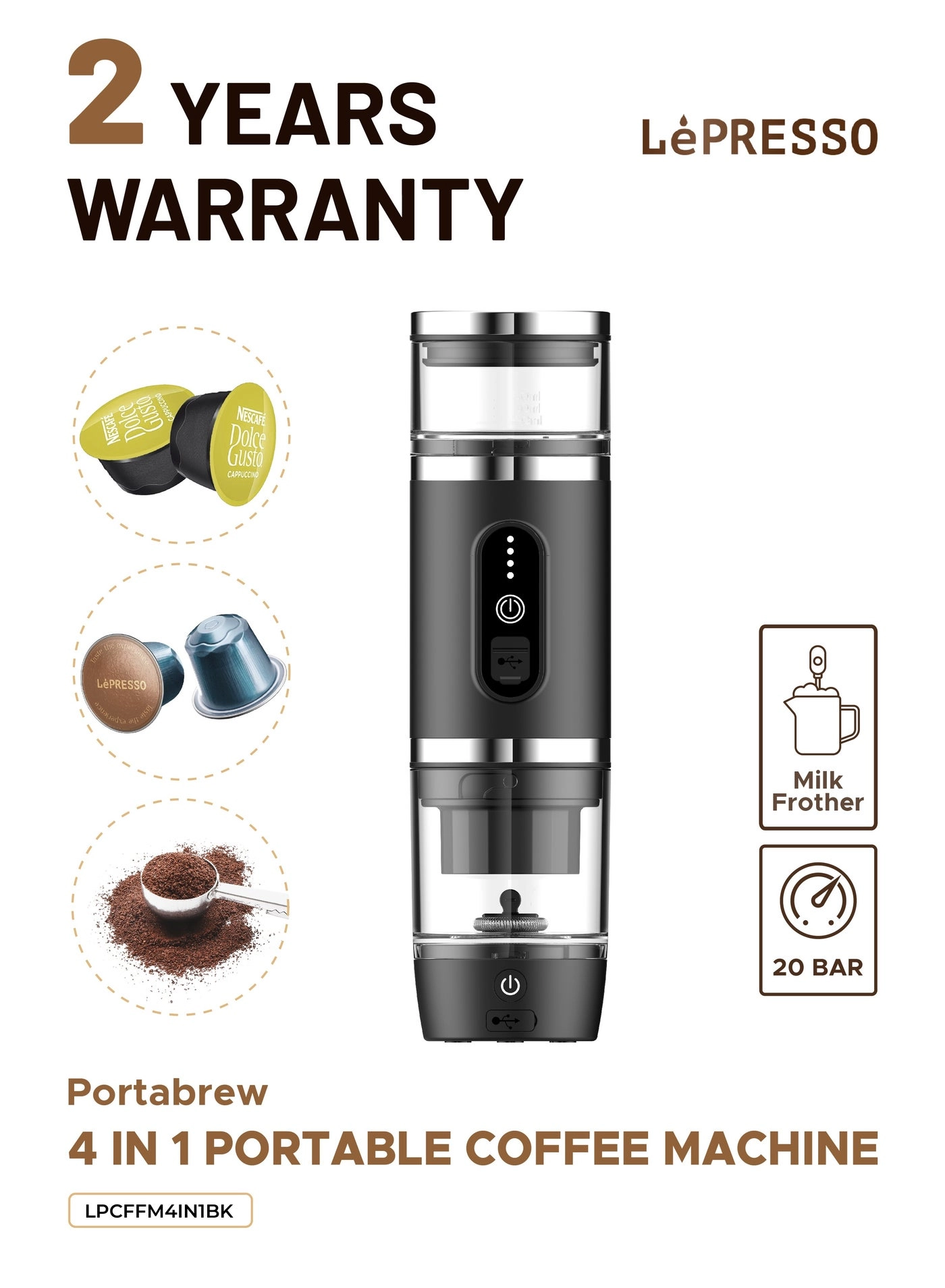 LePresso LPCFFM4IN1BK - 80mL Milk Frother Portable