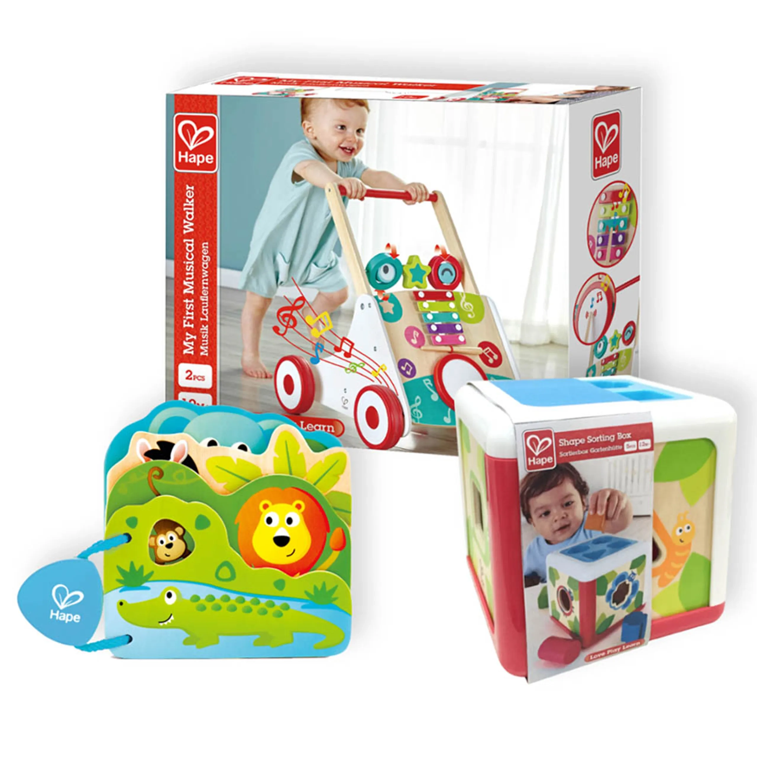 Musical Walker + Shape Sorting Box + Baby's Wild Animal Book - Suitable for 10 months and above