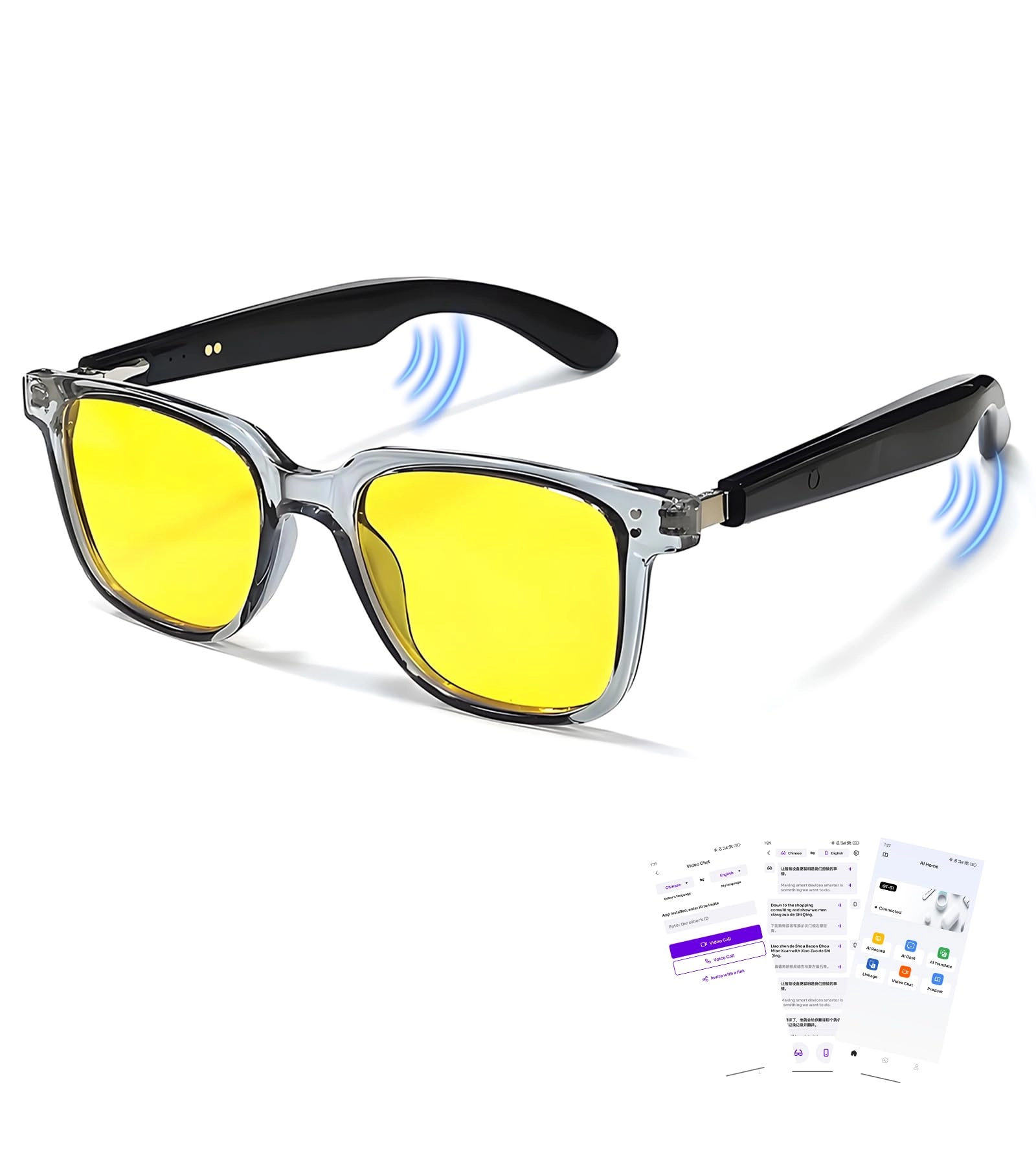 Jacuate Hyper MZT AI Glasses - 100+ Languages Bluetooth 5.4 Yellow Lens