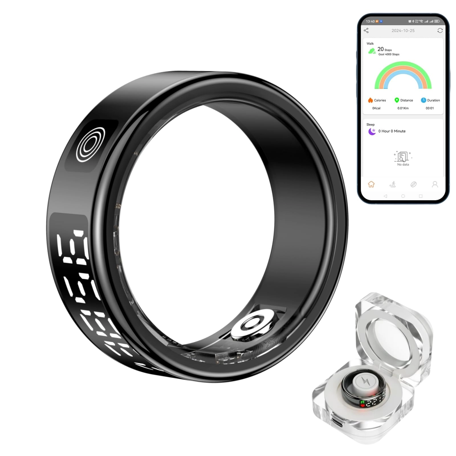 Smart Fitness Ring - LED Display IP68 Silver Size 9