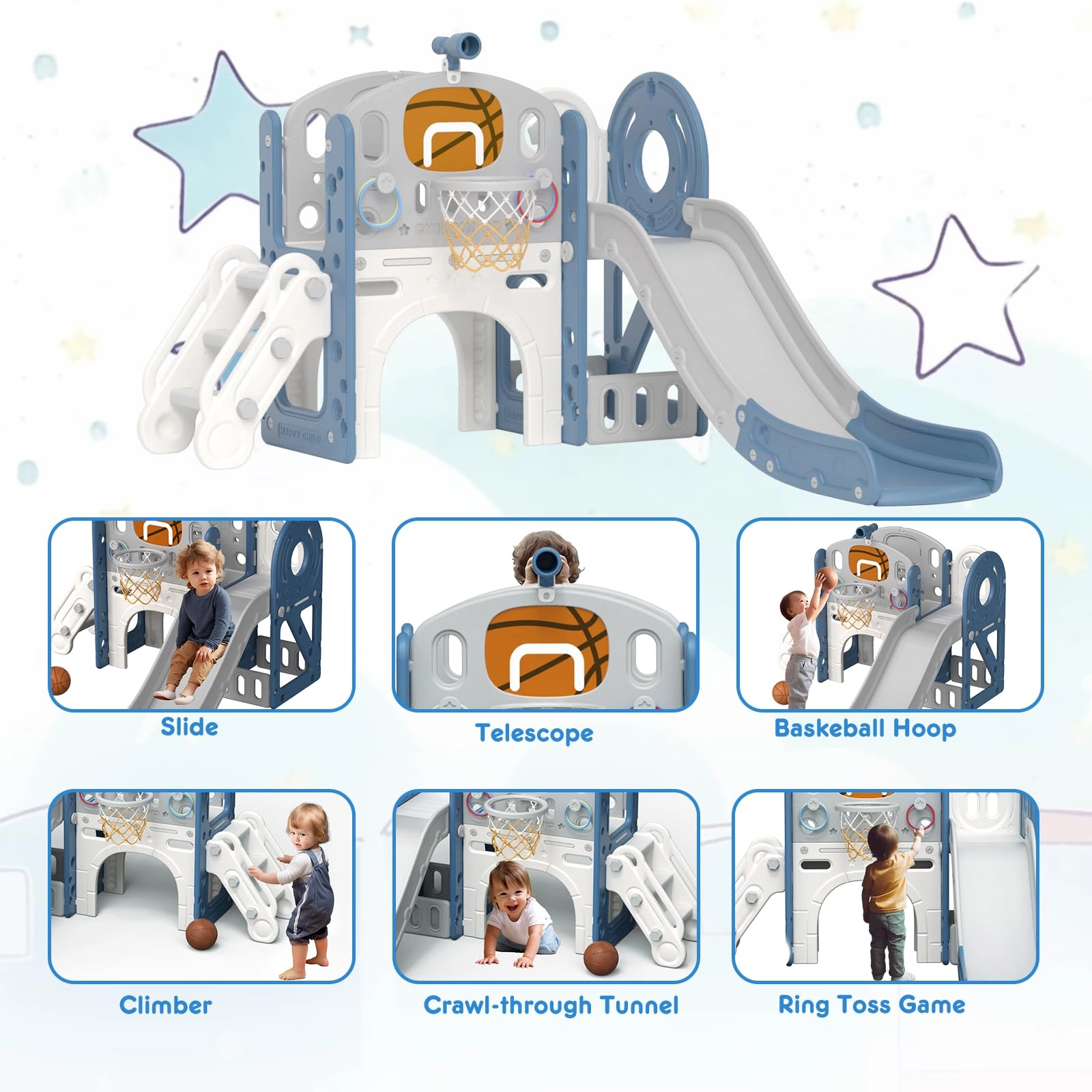 8 in 1 Toddler Slide Set - Blue Gley 60.2"L x 73.2"W x 43.7"H
