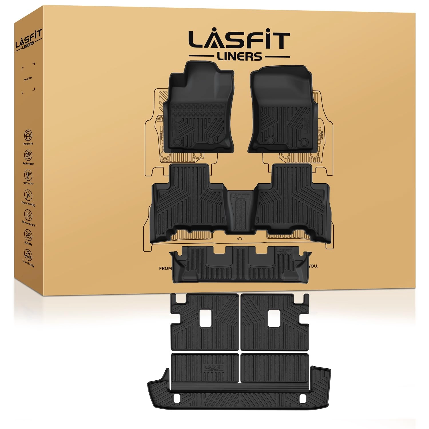LASFIT Floor Mats&Cargo&Seatback Mats - Toyota 4Runner 2013-2024 1st & 2nd Row Full Set