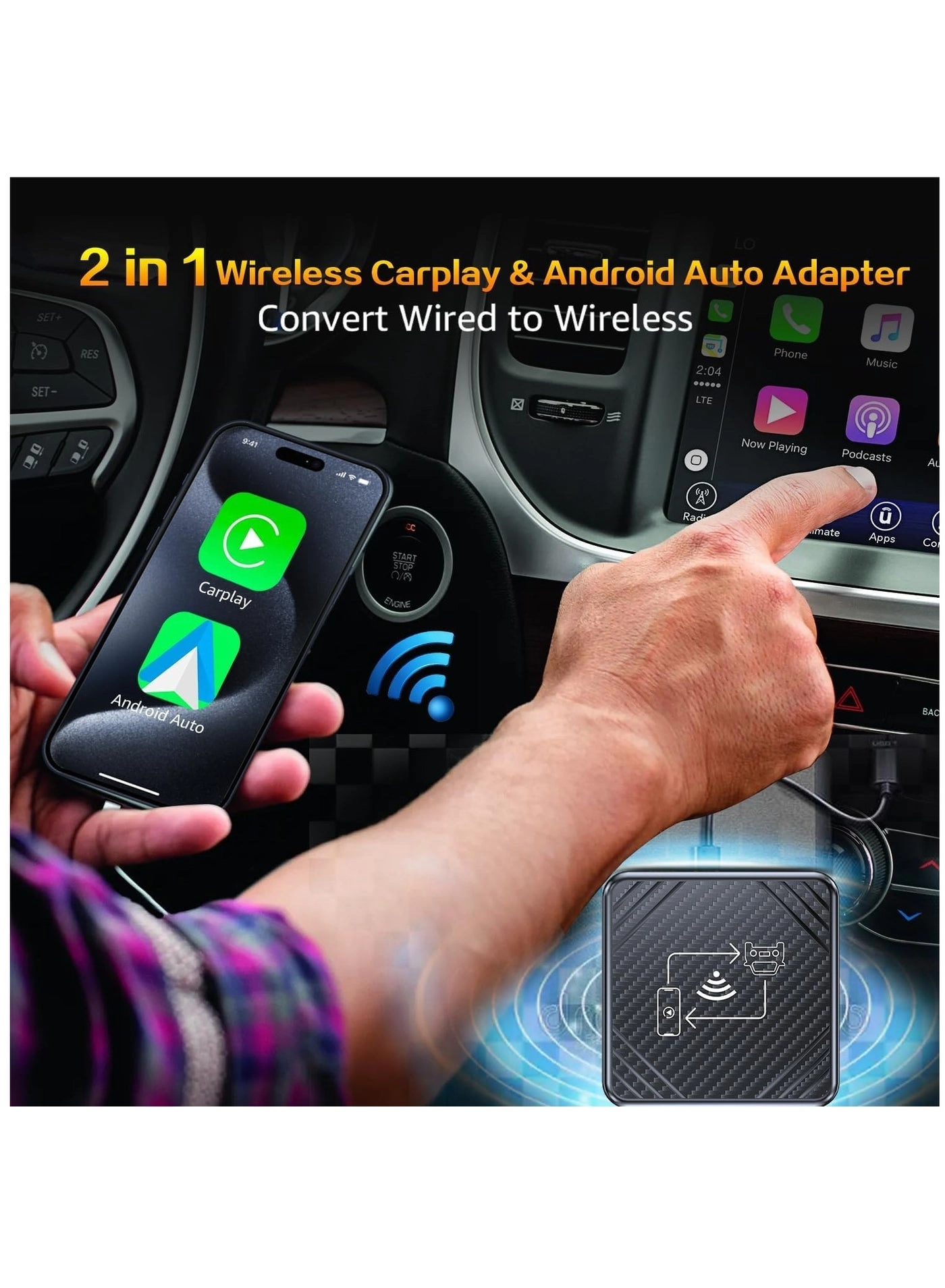 Wireless Carplay Adapter & Android Auto Adapter - 2 in-1 Plug & Play Bluetooth
