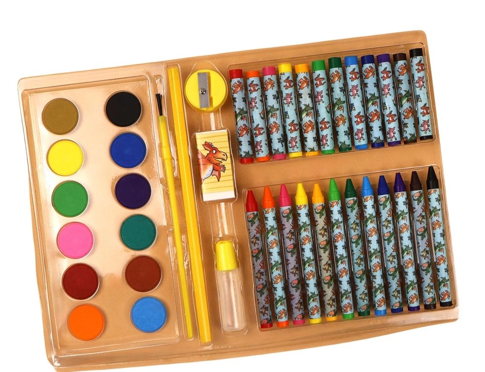 Window Art Set - Zog - 12 X Paints Mixing Palette Paintbrush Pencil Pencil Sharpener Eraser Tube Of Glue 12 X Oil Pastels 12 X Crayons