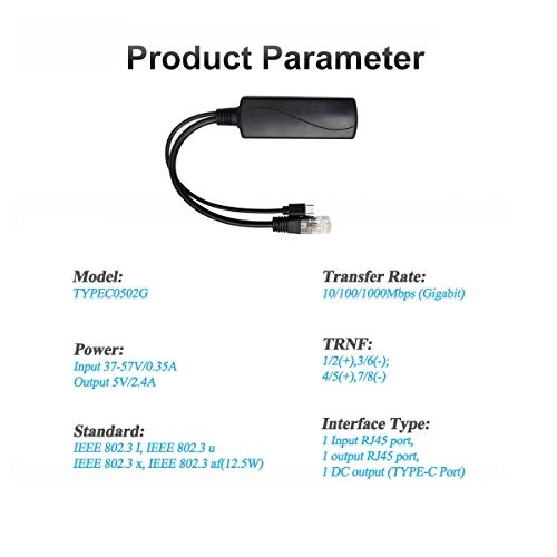 REVODATA Gigabit Type C PoE Splitter - 5V/2.4A 10/100/1000Mbps IEEE 802.3 af 1 RJ45