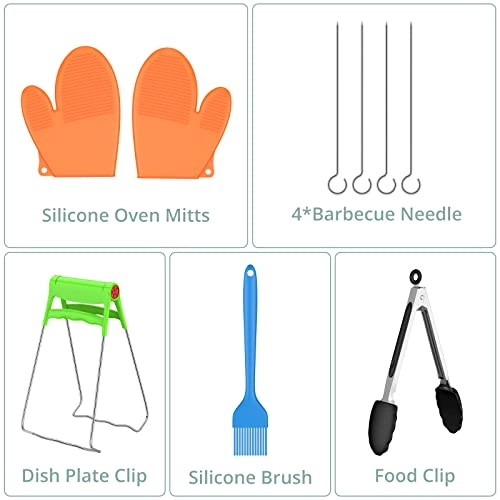 Round Cake Mould + Pizza Basket + Cupcake Mould + Silicone Mat + Round Grill Holder + Multi-purpose Stand + Skewers + Toast Bread Holder + Parchment Paper + Silicone Brush + Dish Plate Clip + Food Clip + Silicone Mini Mitts