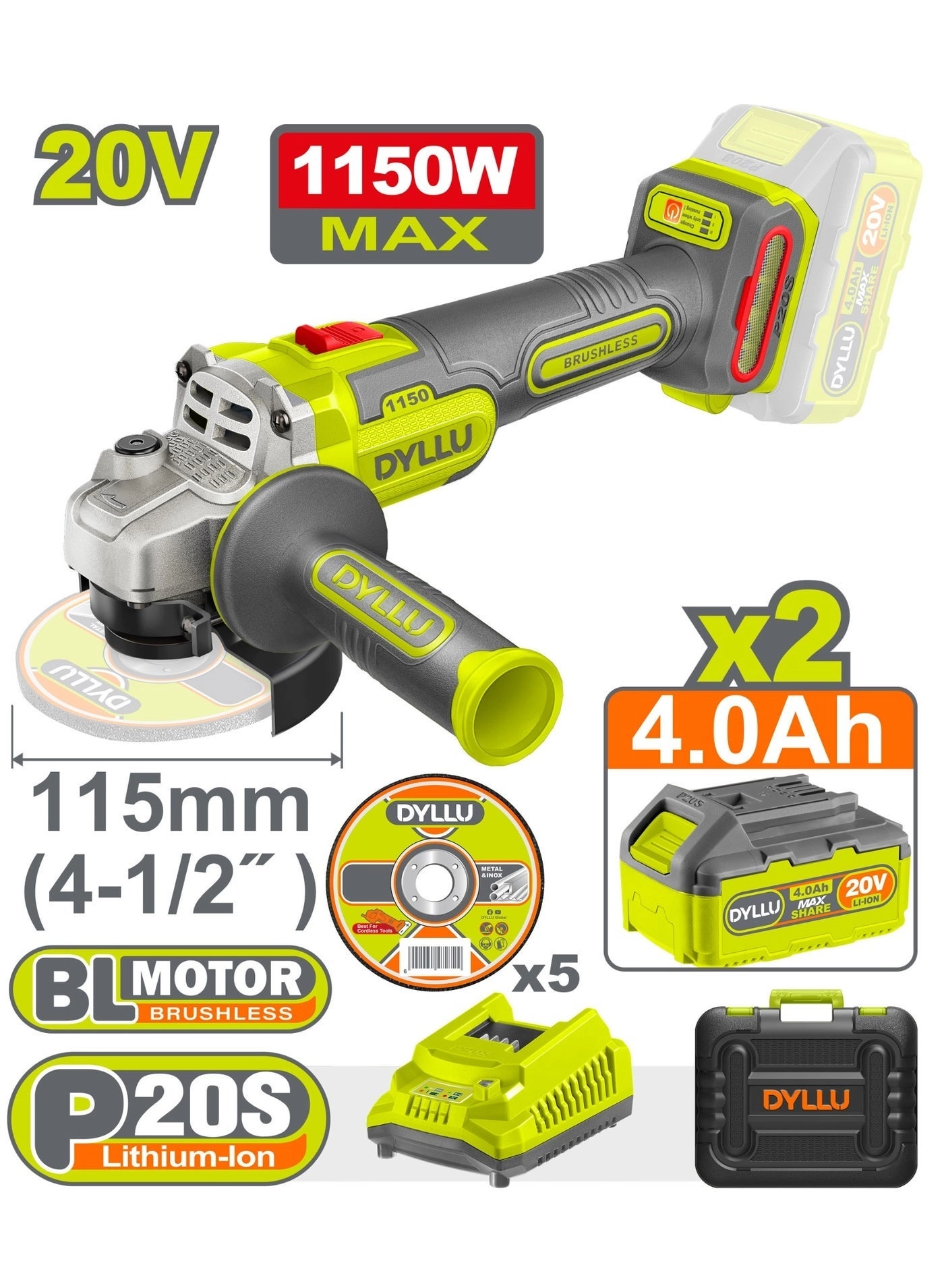 DYLLU Cordless Brushless Angle Grinder - 115mm
