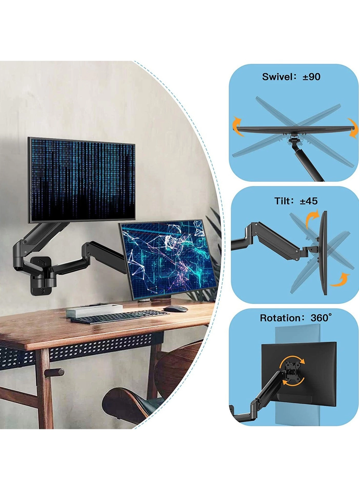Dual Monitor Wall Mount - 2 arms 27 inch 100x100mm