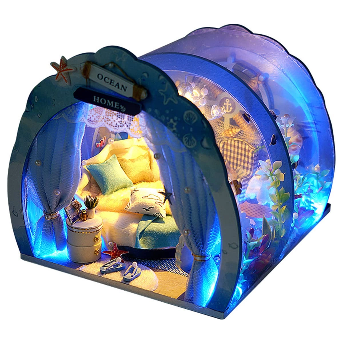 CLBTU Mini Ocean Tunnel Dollhouse Kit - Wooden LED Light 18 x 16 x 14.5cm