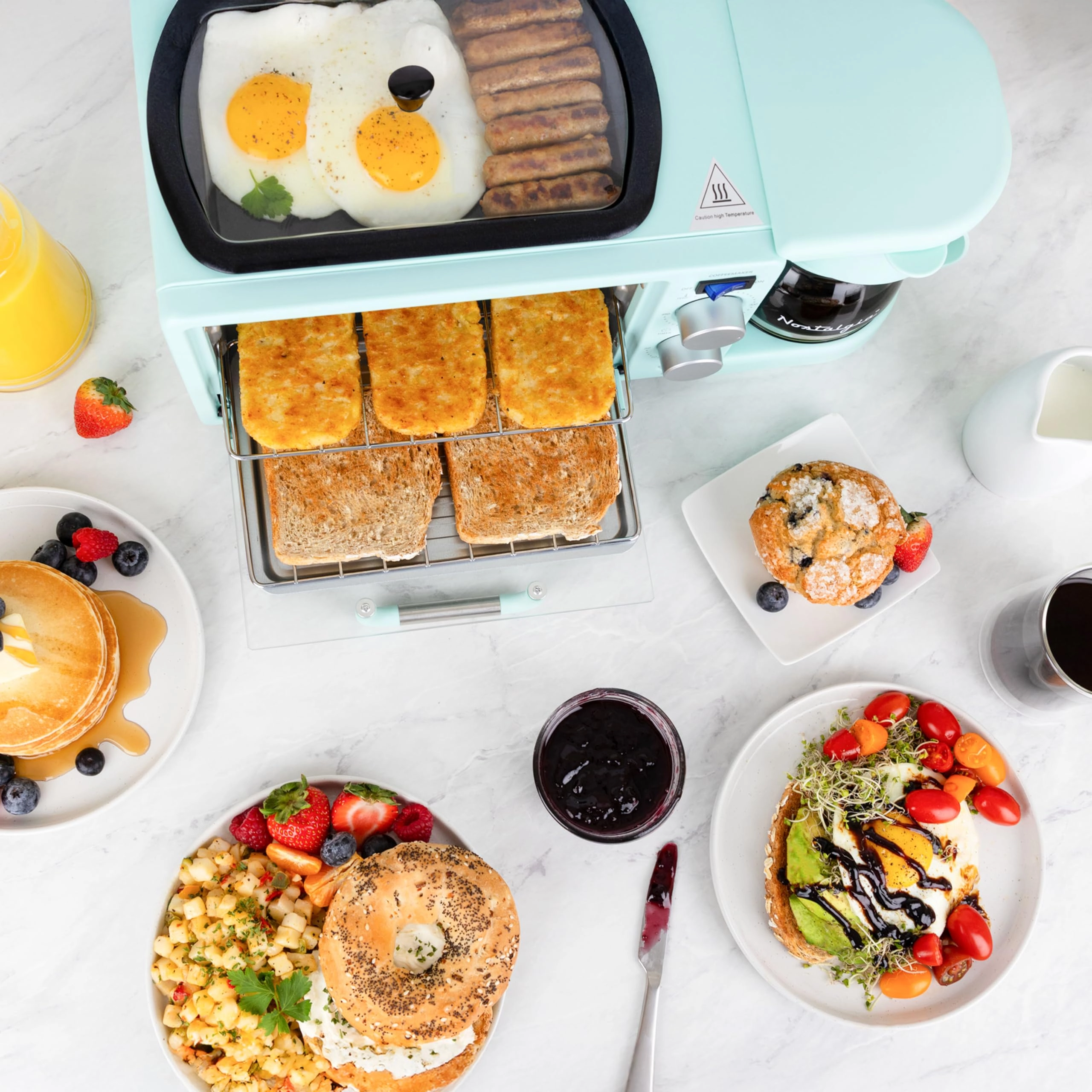 3-in-1 Retro Breakfast Station - 5 Cups Non-Stick Ceramic Griddle 4-Slice Toaster Oven