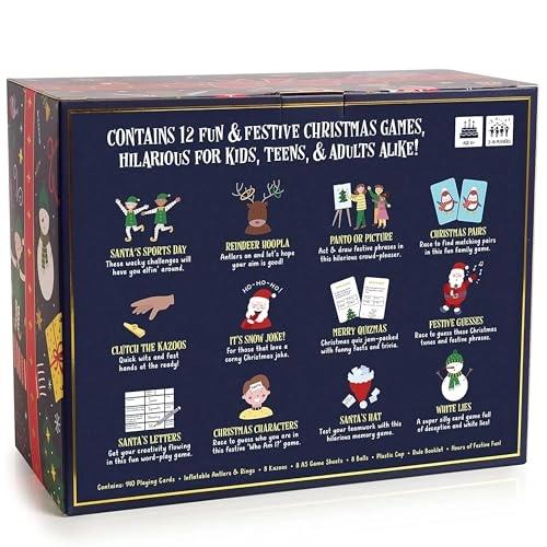 Reindeer Antler Ring Toss + Santas Sports Day + Merry Quizmas + Its Snow Joke! + Panto or Picture + Christmas Pairs + Clutch the Kazoos + Festive Guesses + Santas Letters + Christmas Characters + Santas Hat + White Lies Kids & Adults