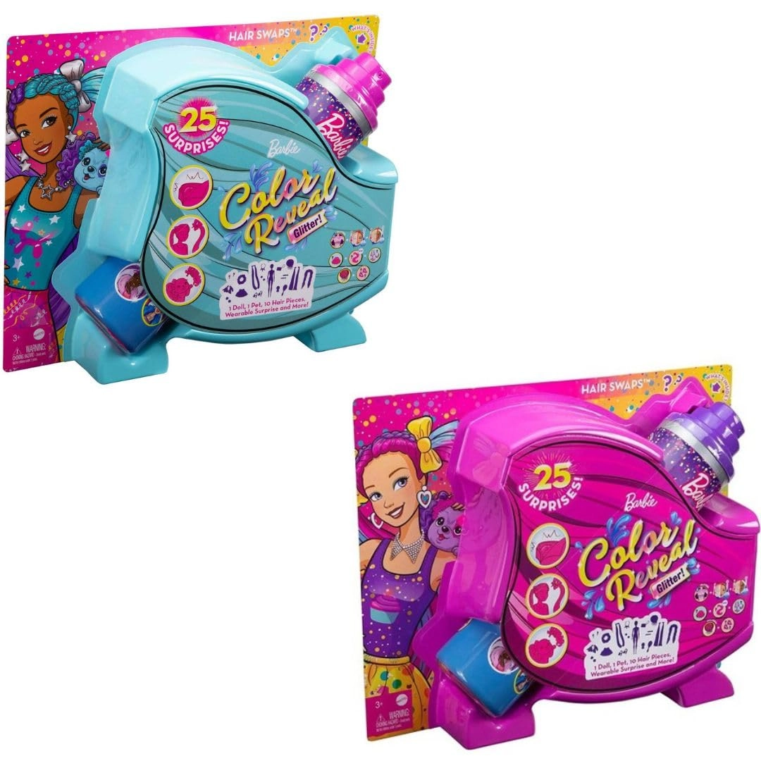 Barbie Color Reveal Glitter! Hair Swaps - Glittery Purple and Pink 25 Surprises Each Bundle Ages 3+