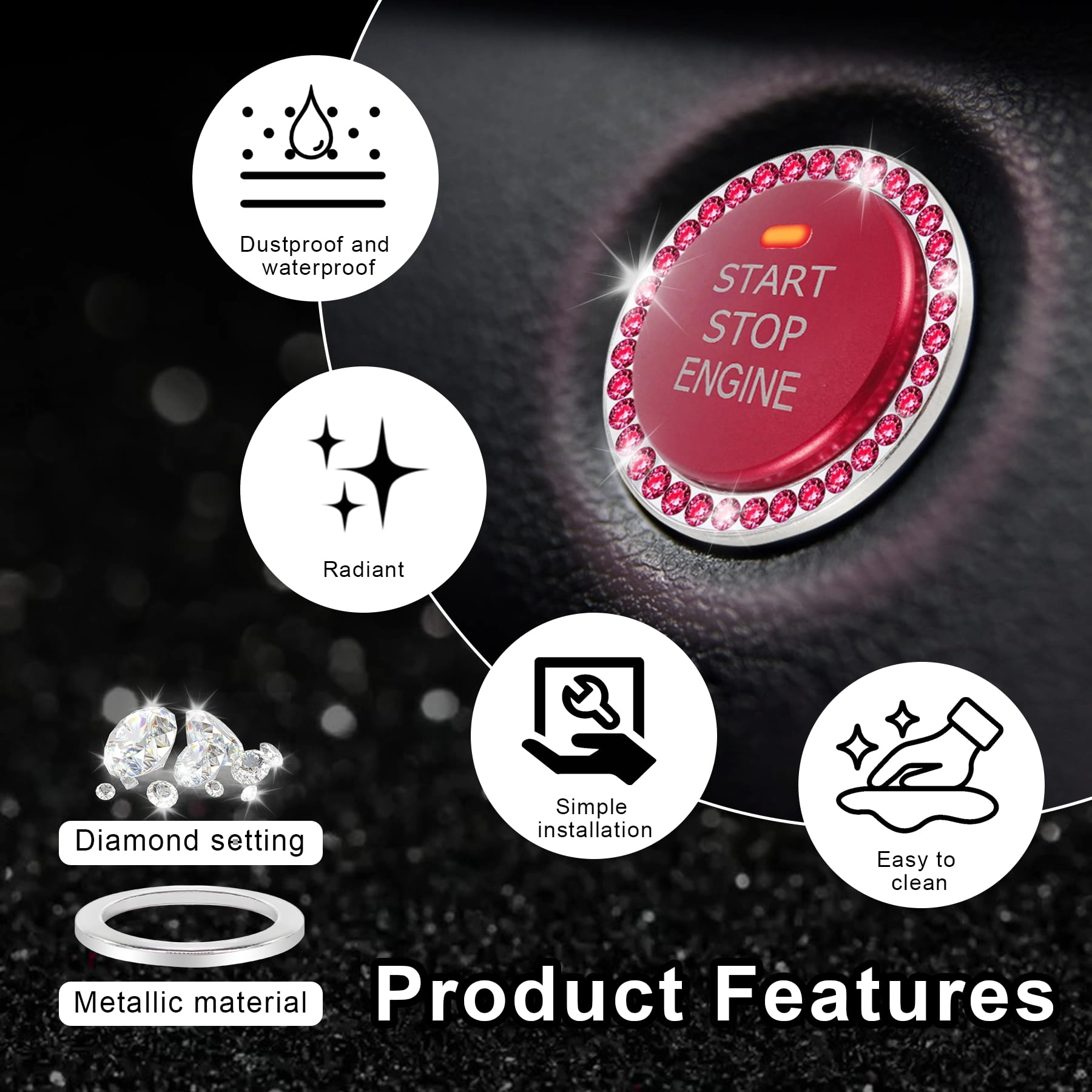 Crystal Combinatorial Rhinestone Car Engine Start Decoration Ring