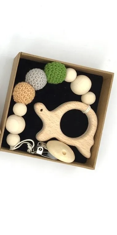 Wooden Teether with Pacifier Clip - beech wood