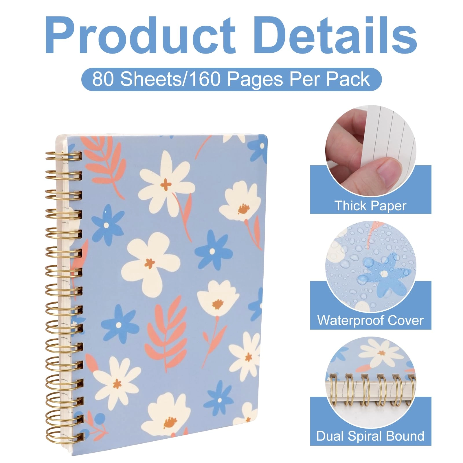 A6 Spiral Notebook + Pen - 80 Sheets 4 Pieces Lined