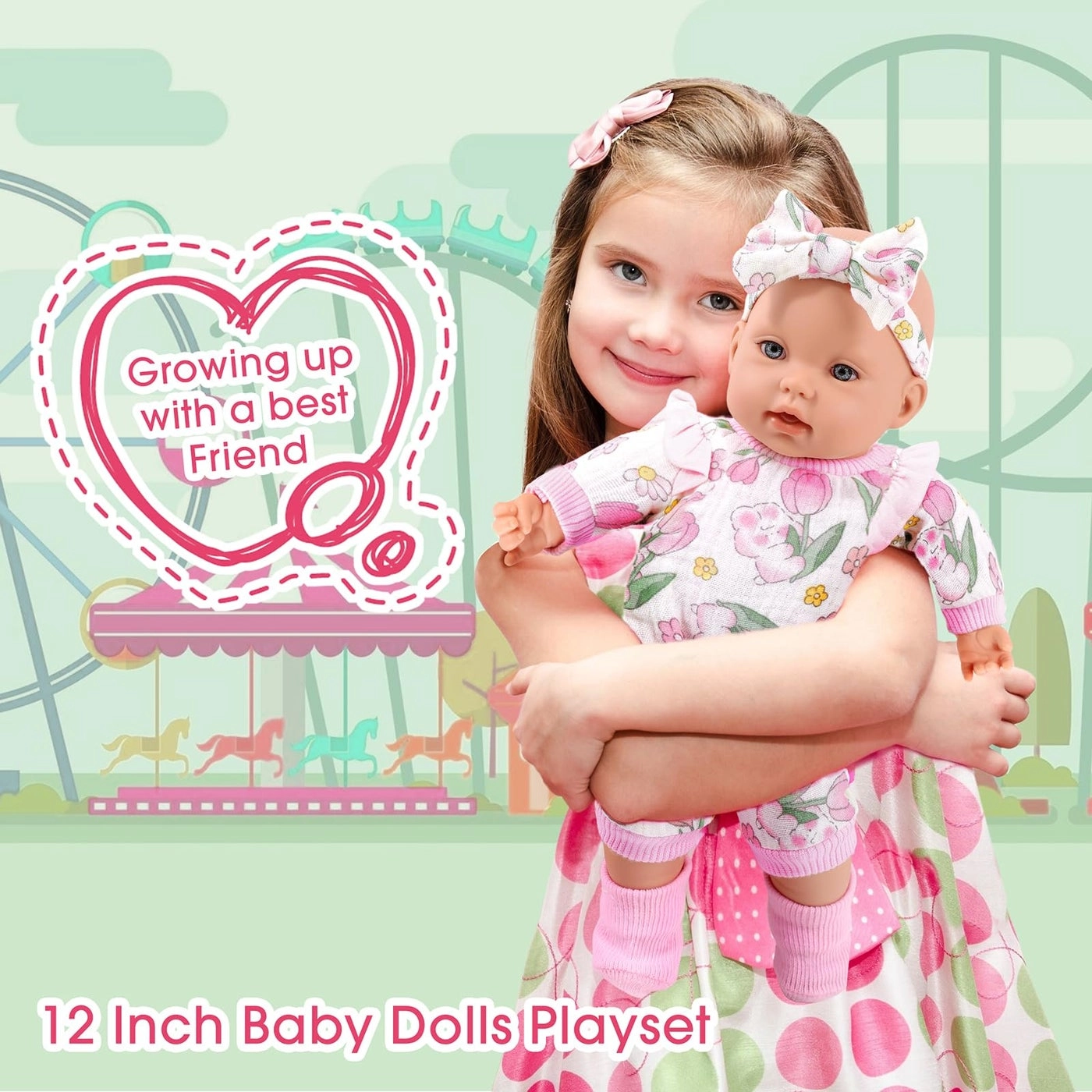 Reborn Baby Doll - 12 Inch + Baby Doll Clothes + Backpack Carrier - Pink Flower Pattern + Nipple + Feeding Bottle + Diaper Ages 3+