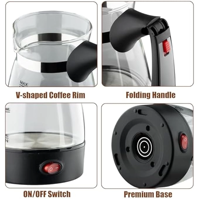 Turkish Glass Coffee Maker - Foldable Handle Portable Electric
