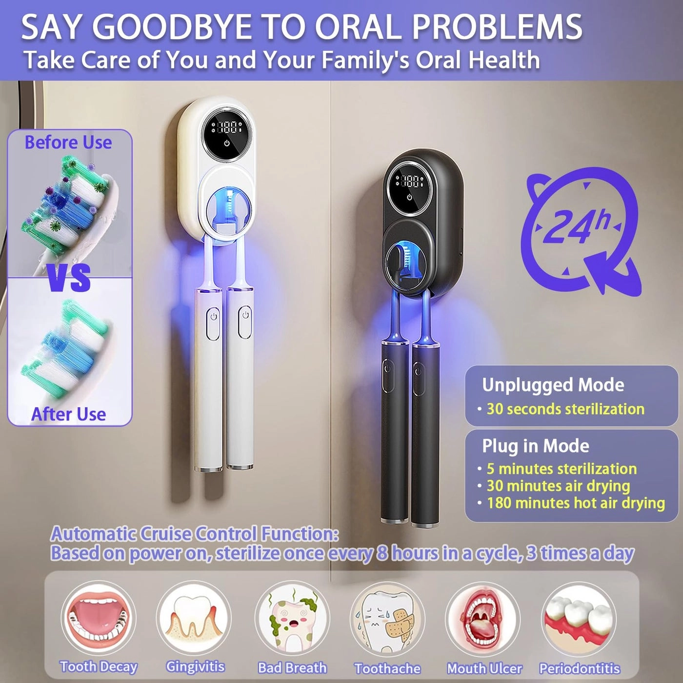Wall Mounted Toothbrush Holder - 2 Toothbrush Slots
