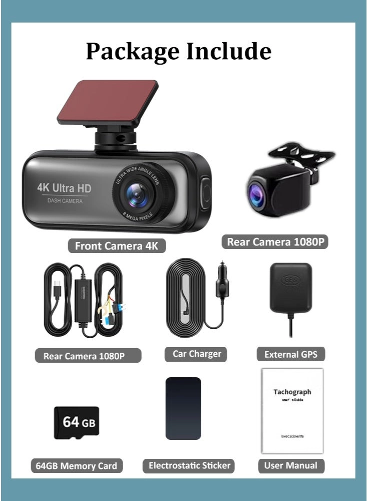 Dash Cam Dual Channel Car Camera - 4K 1080P