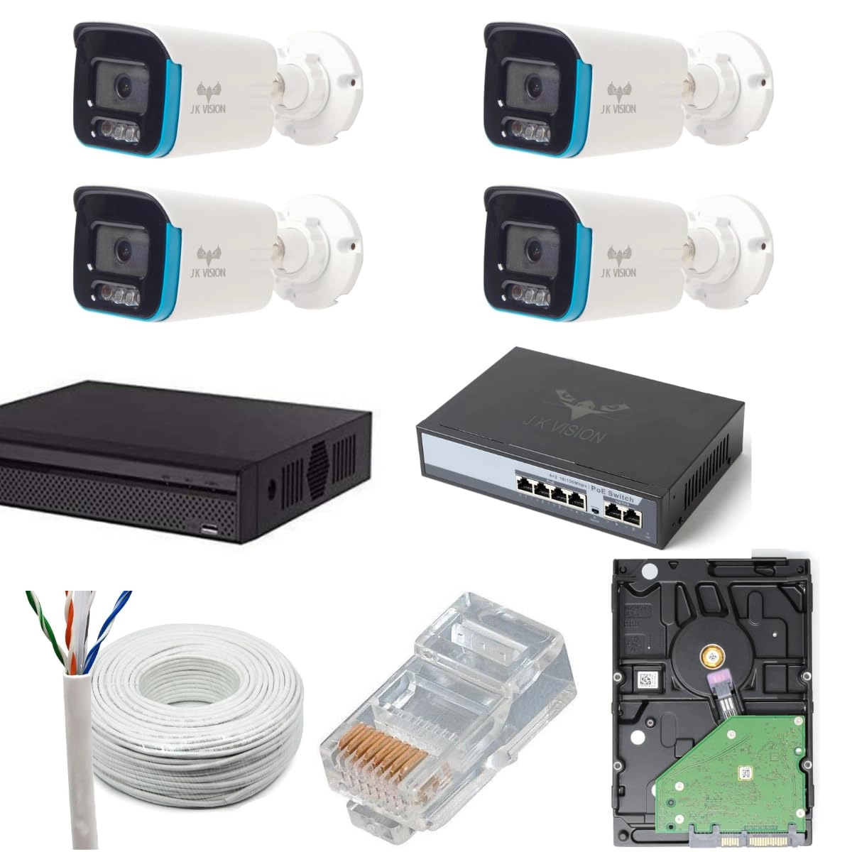 JK Vision Bullet Camera - 5MP + Hard Disk - 1TB + POE NVR - 8 Channel + Cat 6 Cable - 100Mtr