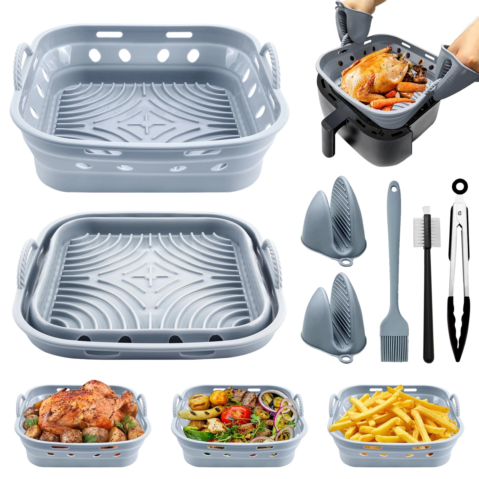 Air Fryer Silicone Mould + Gloves + Oil Brush + Food Clip + Dish Brush - Aluminum, Plastic 7 piece(s)
