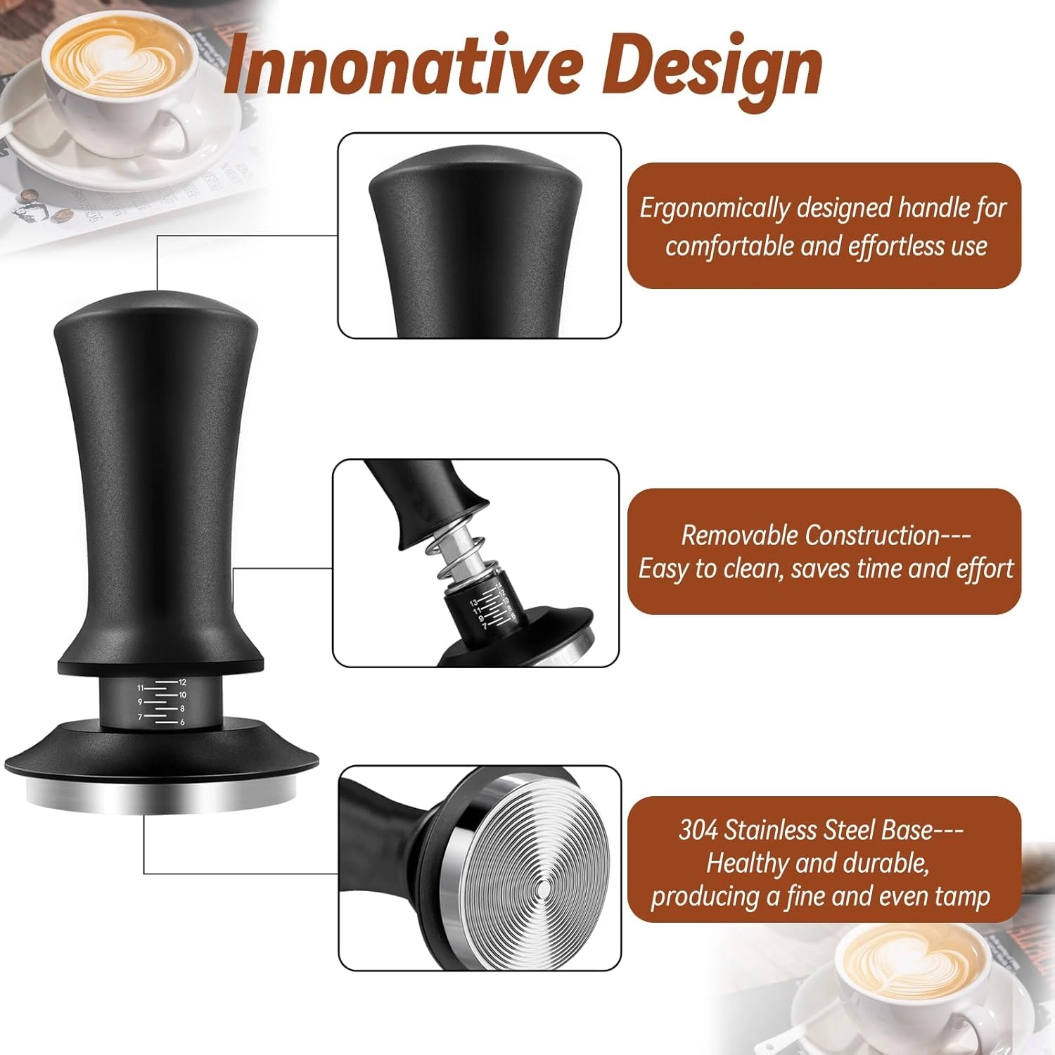 Espresso Tamper 51mm - Calibrated Spring Loaded 304 Stainless Steel Base + Silicone Tamper Mat + WDT Coffee Distribution Tool - 6 pins