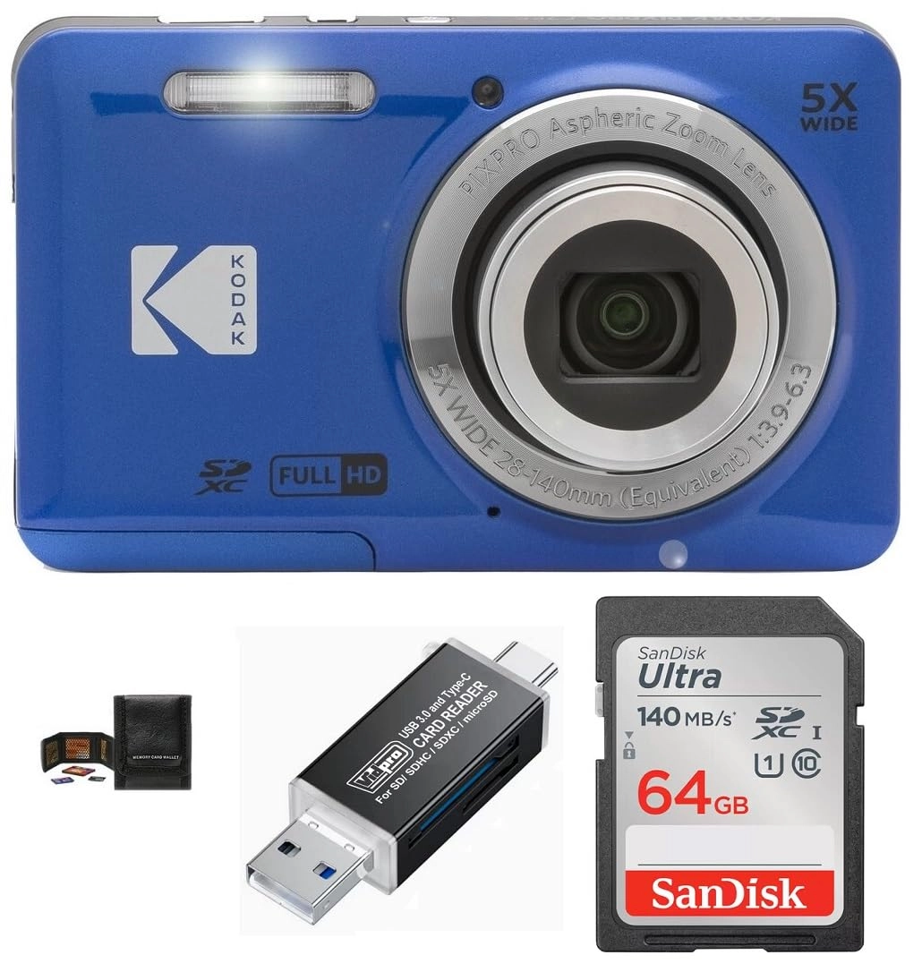 Kodak PIXPRO FZ55 + 64GB SDXC + Hard Shell Camera Case + SD Card Reader + Power2000 Rechargeable Li-Ion Battery