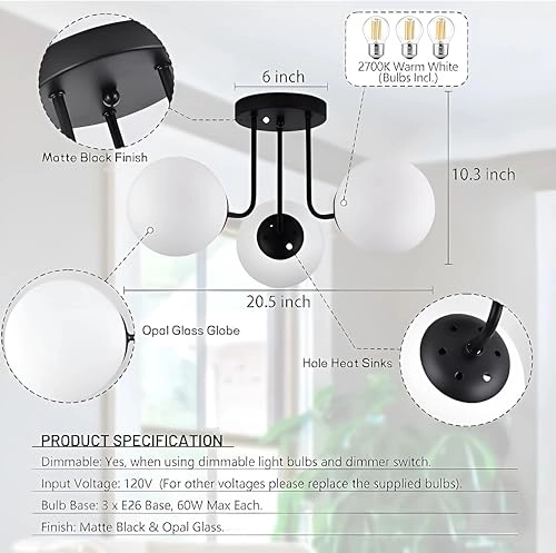 Modern Metal Ceiling Light Hanging Lamp - 3 Light Glass White Globes Golden