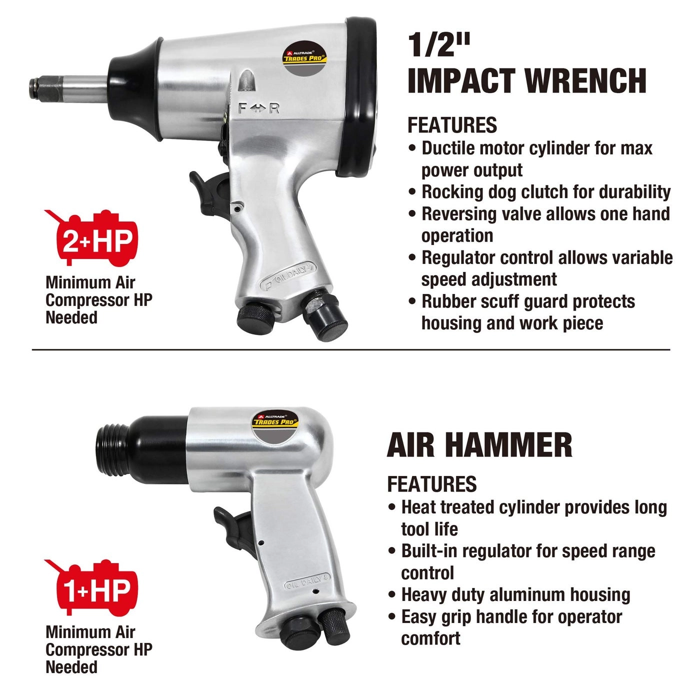 Impact Wrench - 1/2" 230 ft-lbs + Air Ratchet - 3/8" 45 ft-lbs + Die Grinder + Aire Hammer + Hose Fittings + Storage Case