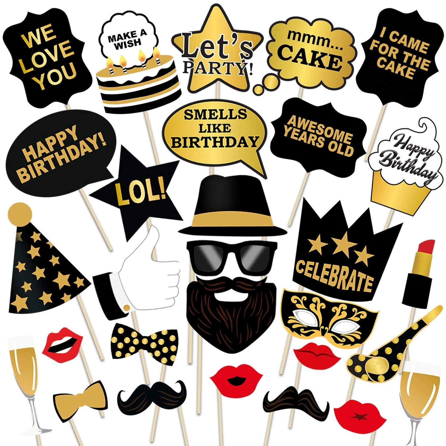 Photo Booth Props - 29pcs Birthday