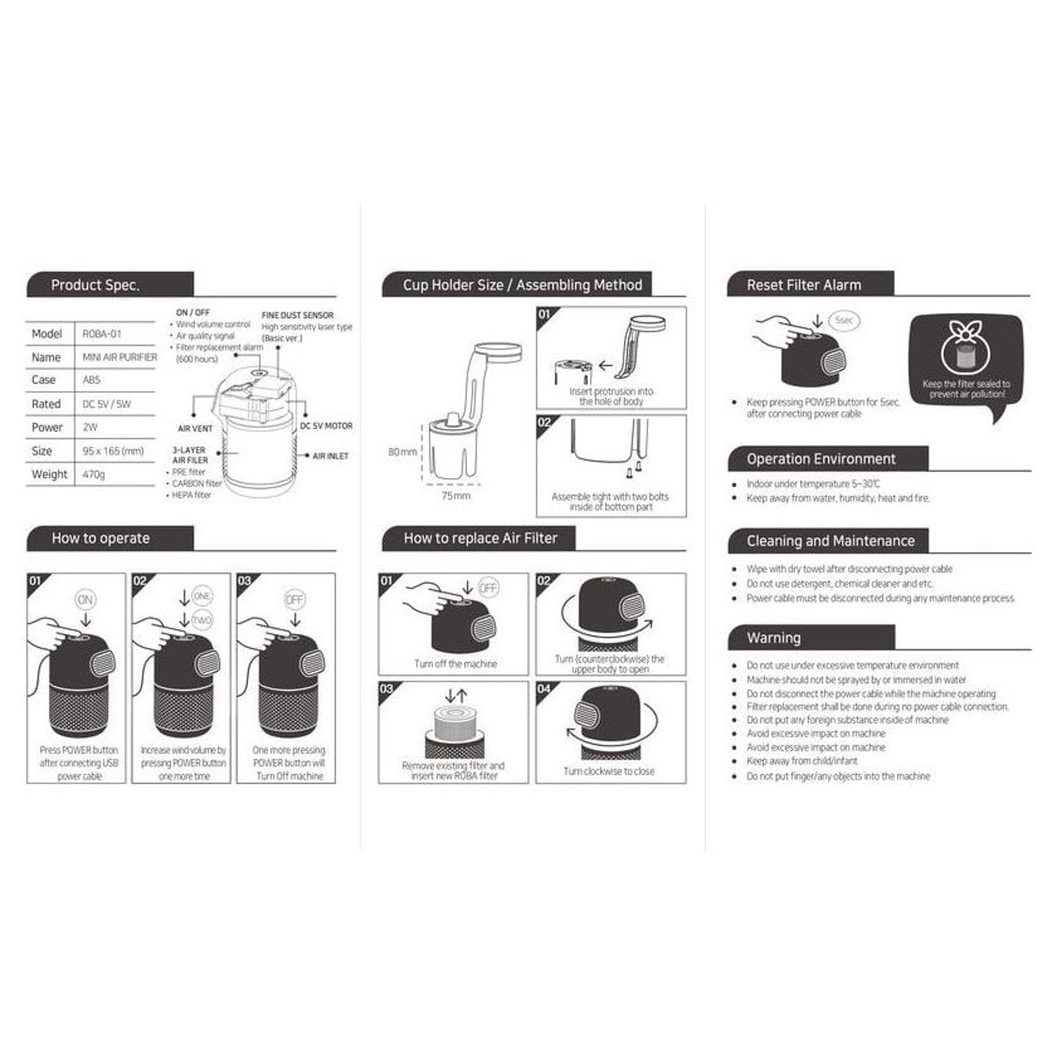 Mini Air Purifier - White 2 Watt