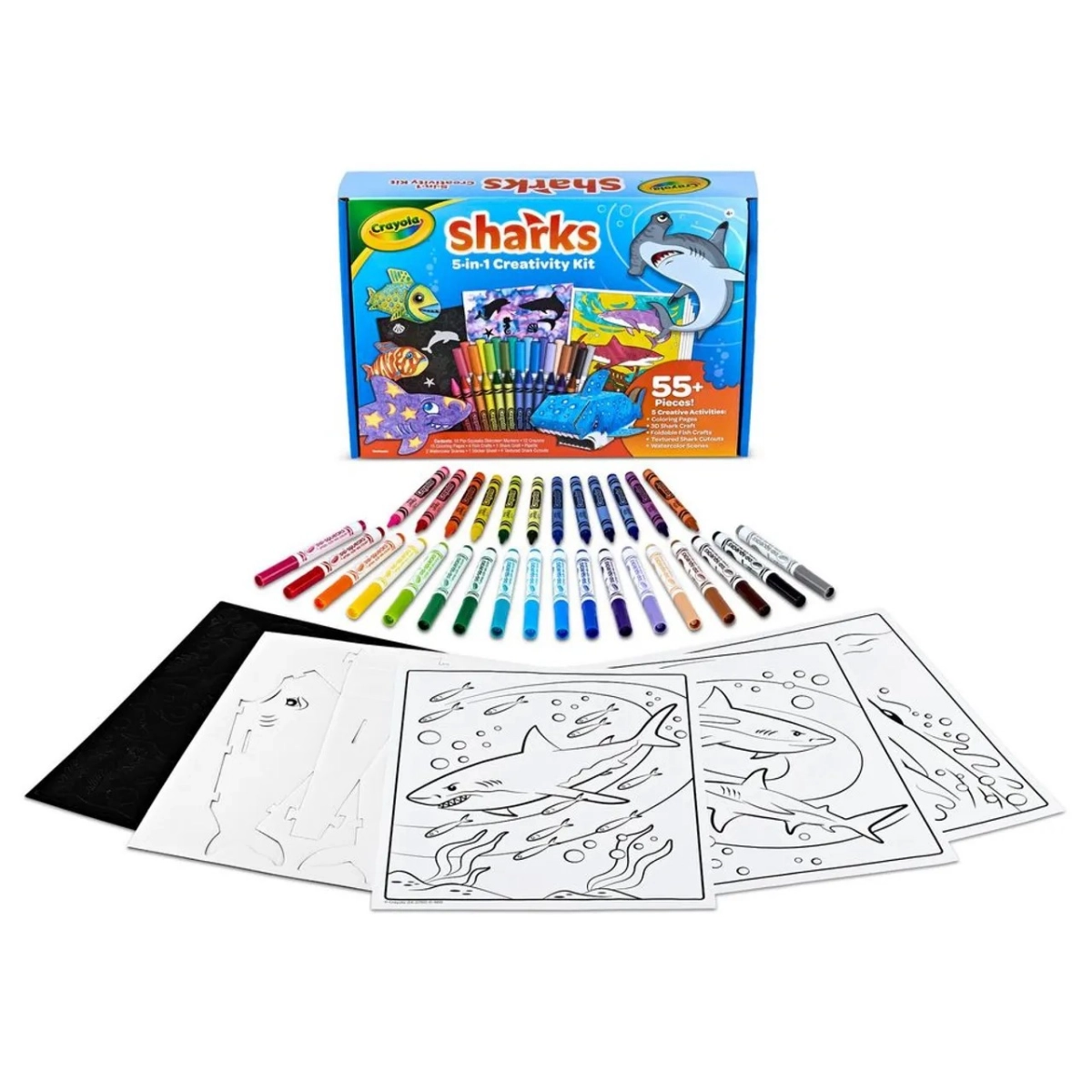 Crayola Sharks 5-in-1 Creativity Kit - 12 Crayons 18 Pip-Squeaks Skinnies