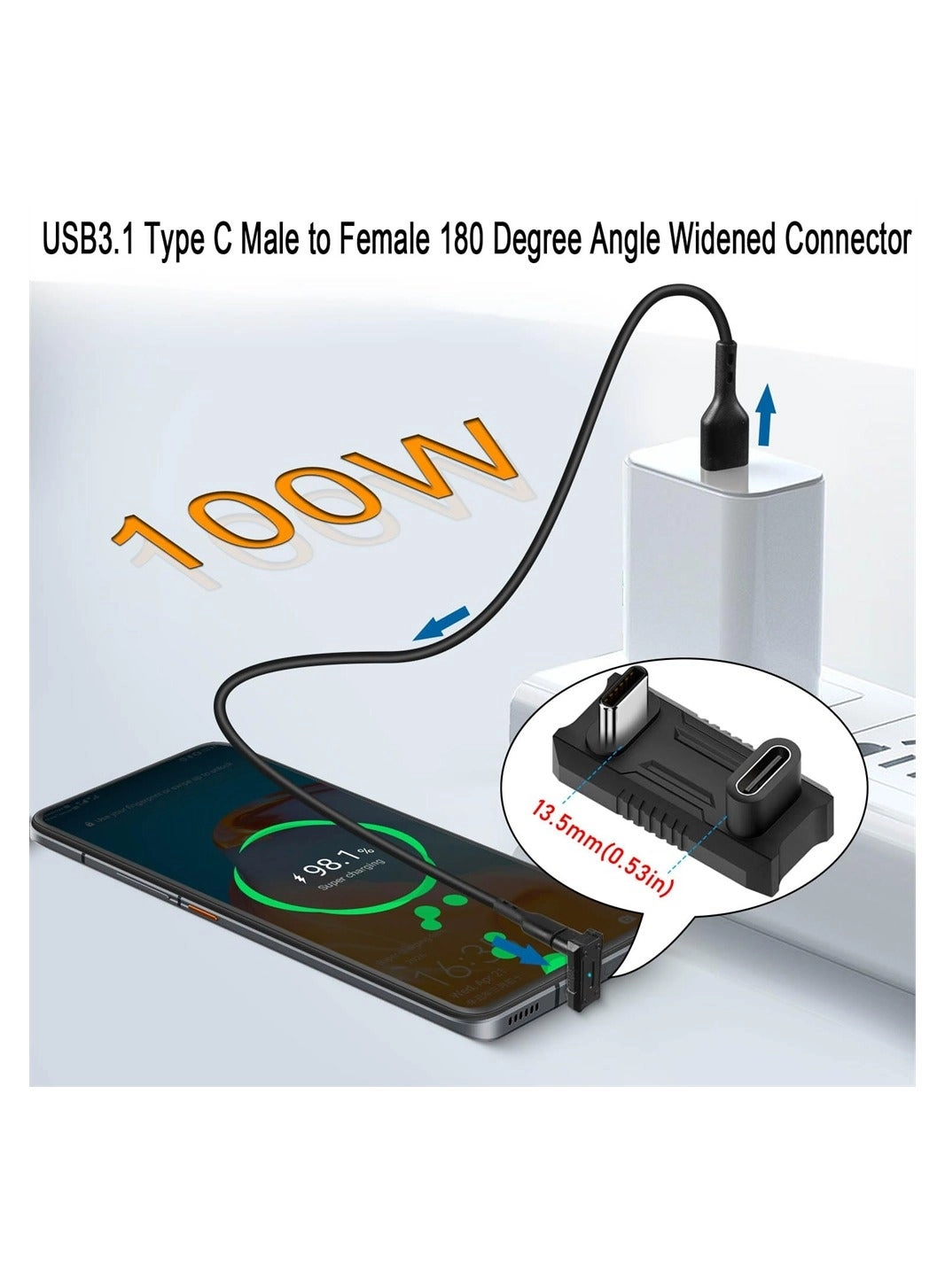 180 Degree Angle USB C Adapter 100W USB-C to USB-C