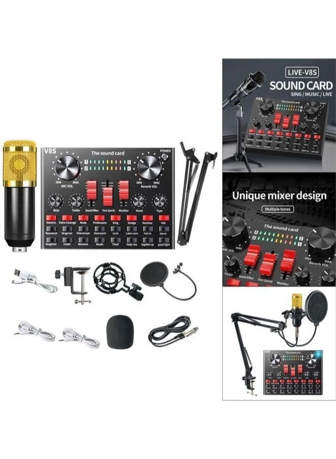 Condenser Microphone + V8S Live Sound Card Wireless+USB+3.5mm-Mini-Jack Microphone