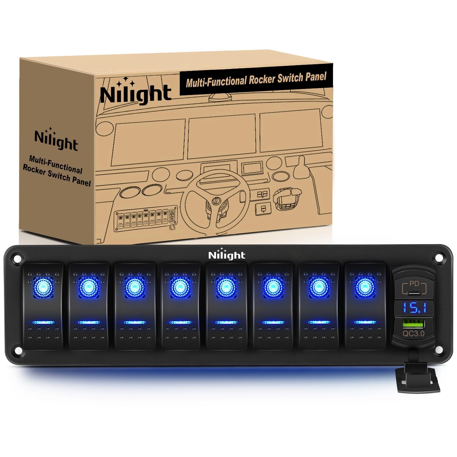 Nilight 8 Gang Rocker Switch Panel - PD Type C USB Charger Voltmeter
