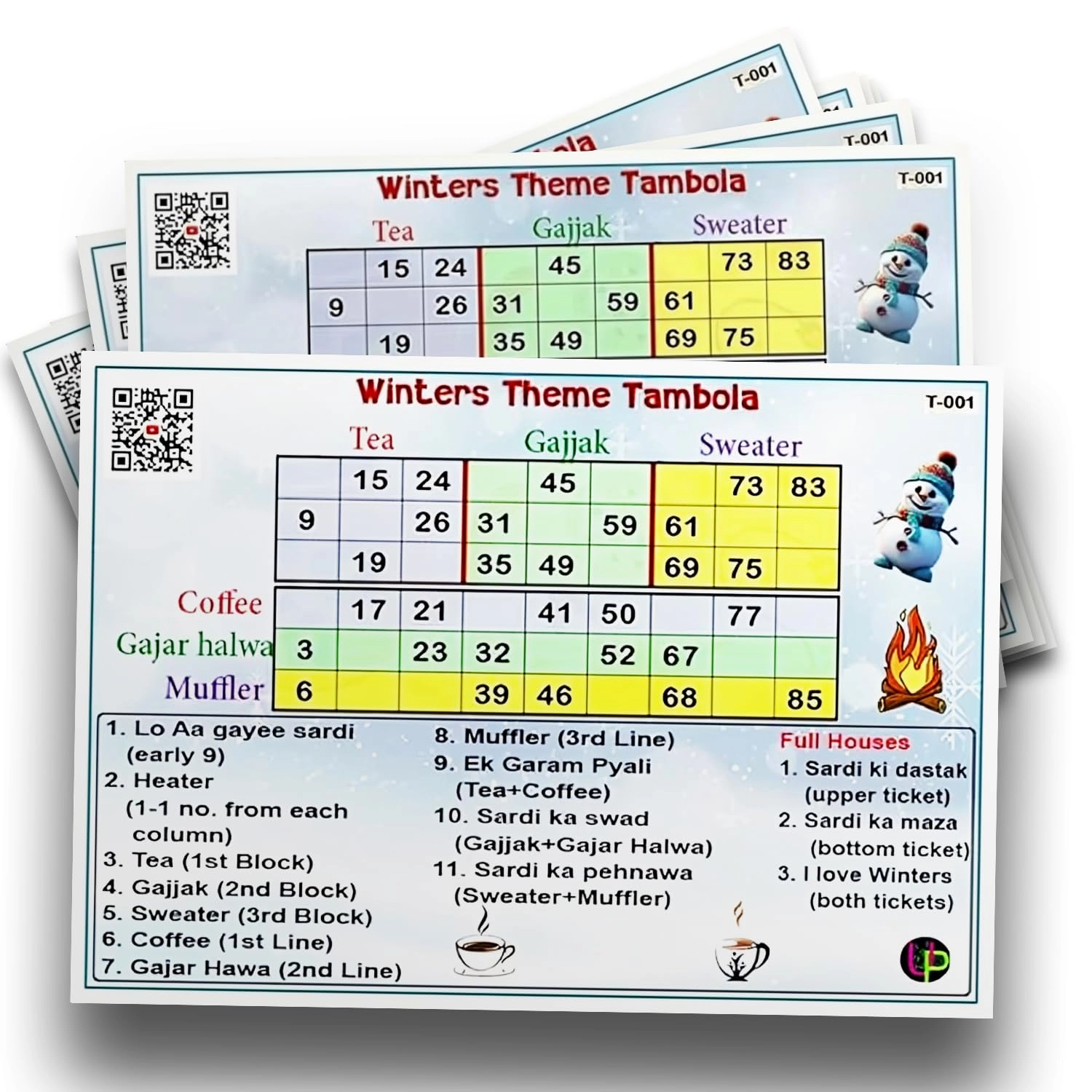 Cozy Winters Theme Tambola Tickets - Hindi Adult 15 Tickets