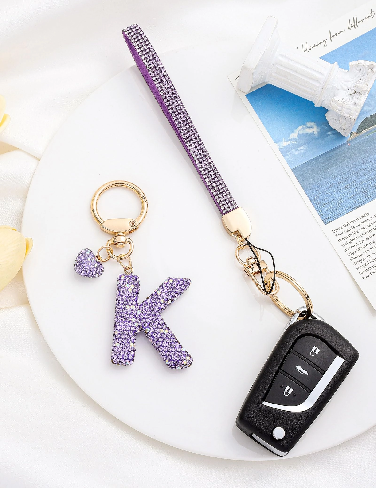 Initial Keychain - L Purple Rhinestone